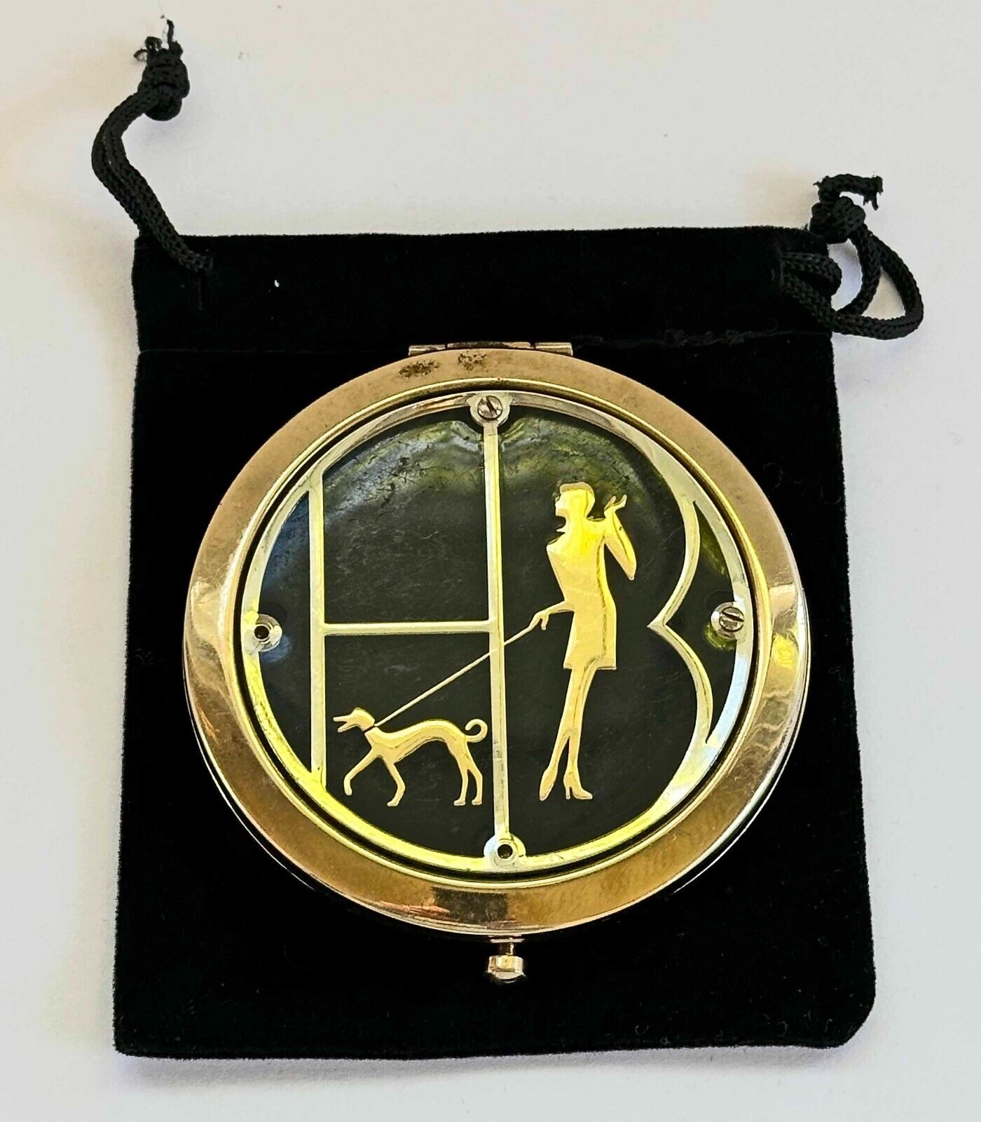 Henri Bendel Goldtone & Black Enamel Lady Walking Dog 2-Mirror Compact
