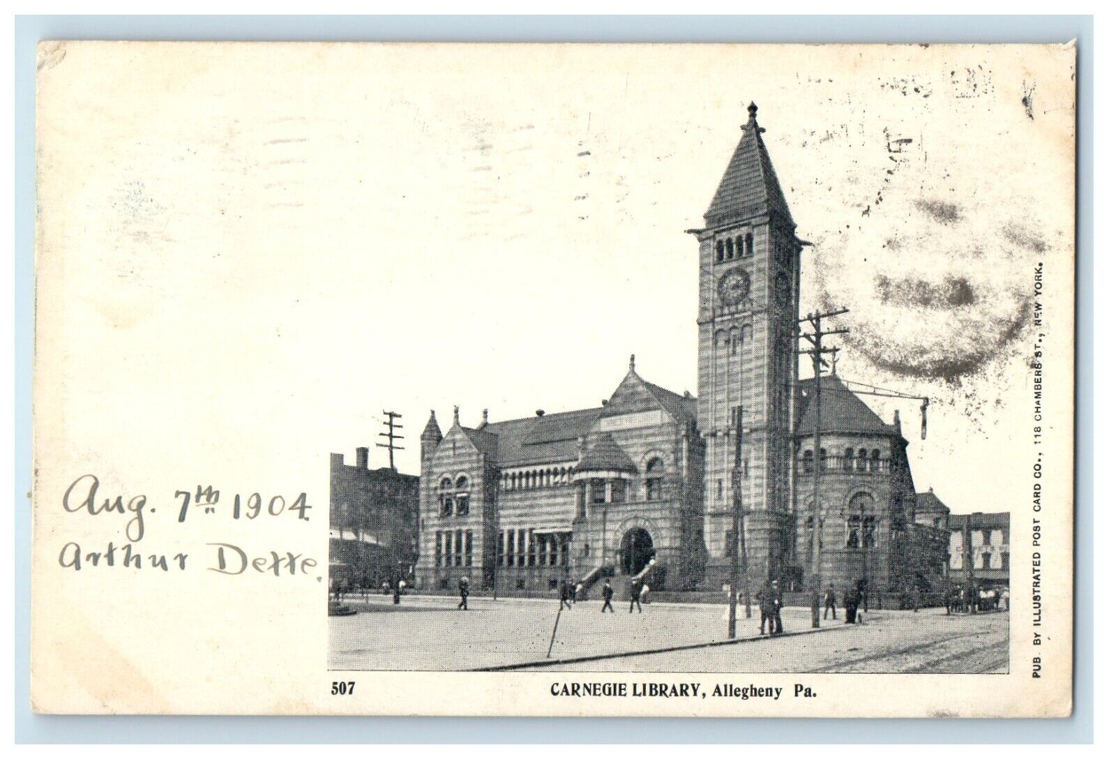 1904 Carnegie Library Building Tower Clock Allegheny Pennsylvania PA Postcard
