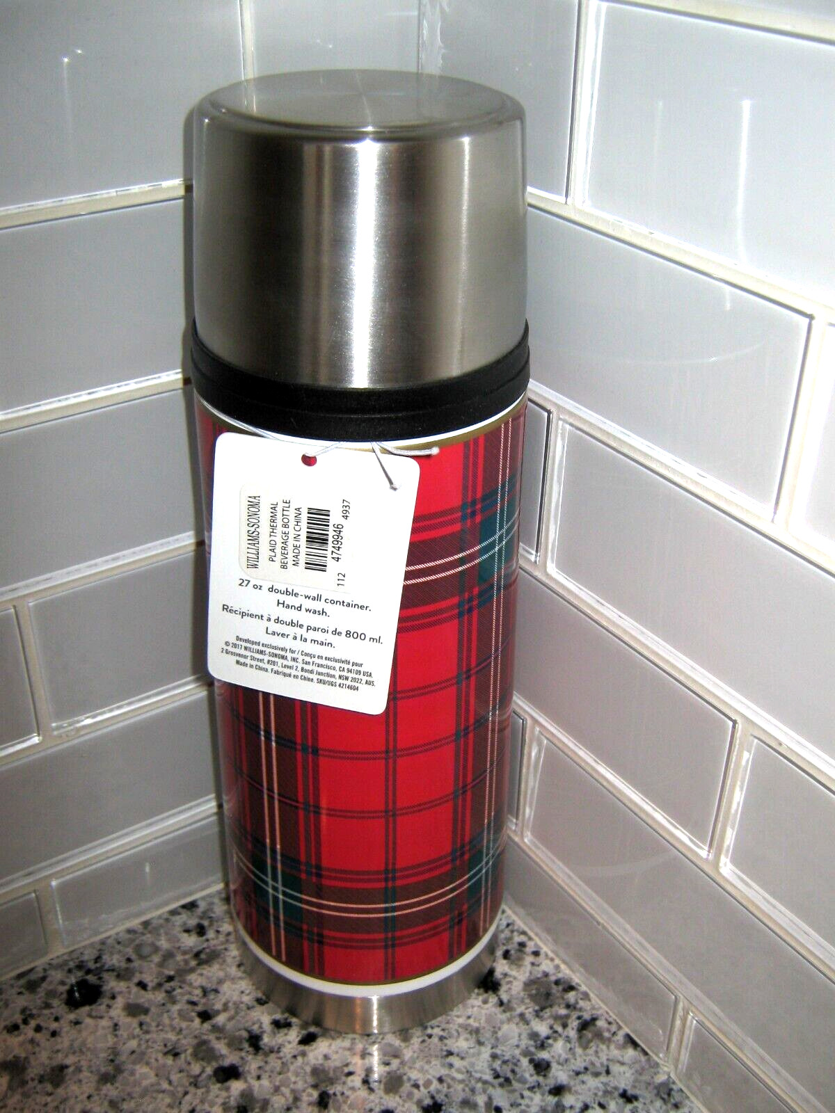 Plaid Williams-Sonoma thermos, 27 oz, Insulated beverage container, NOS, NWT.