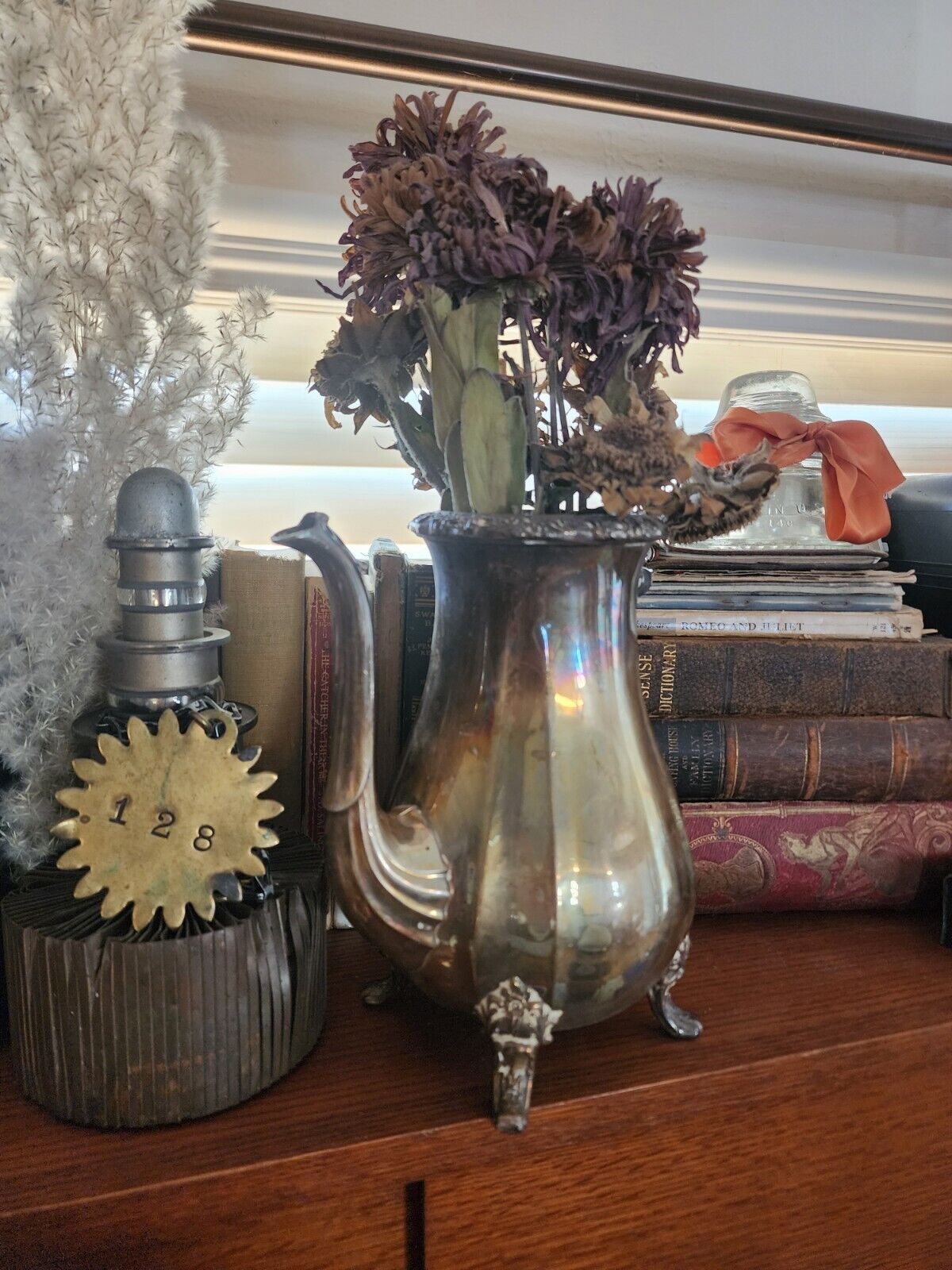 Old Tea Pot With Broken Handle, Tarnished Silver In Color. Used As Vase. Vintage