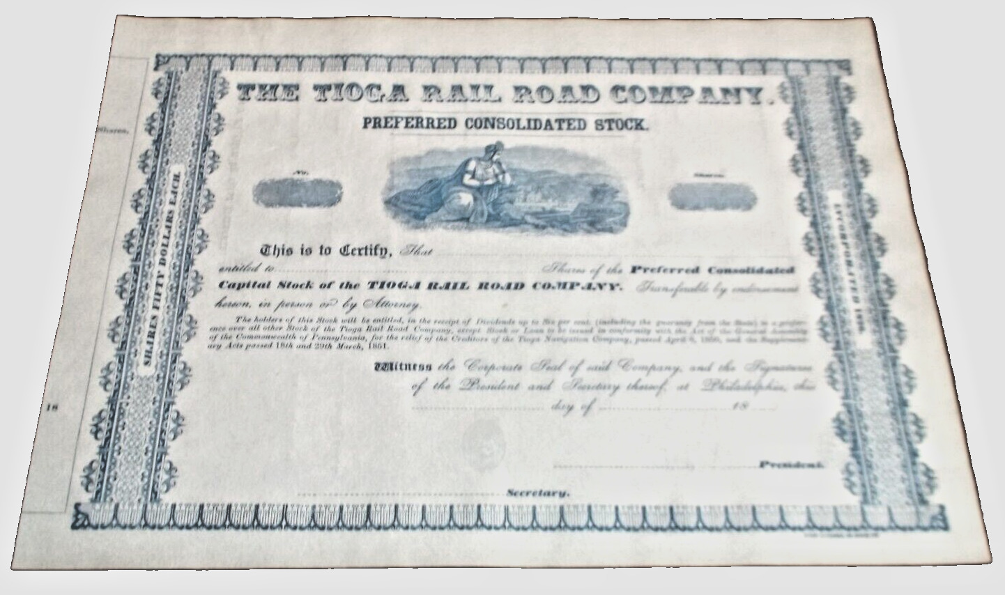 1850's TIOGA RAIL ROAD LATER ERIE RAILROAD PREFERRED STOCK CERTIFICATE
