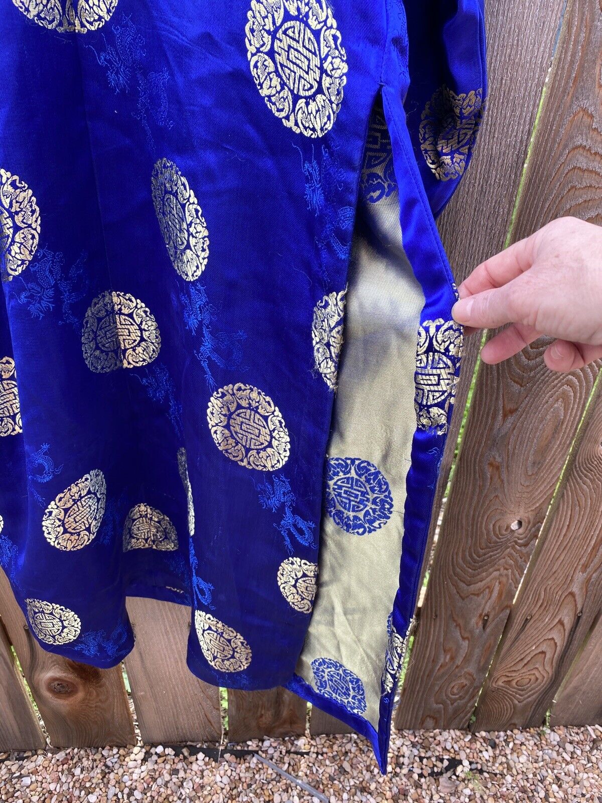 Vintage Handmade Indigo Satin Kimono w Knotted Buttons & 27” Slit Size Large