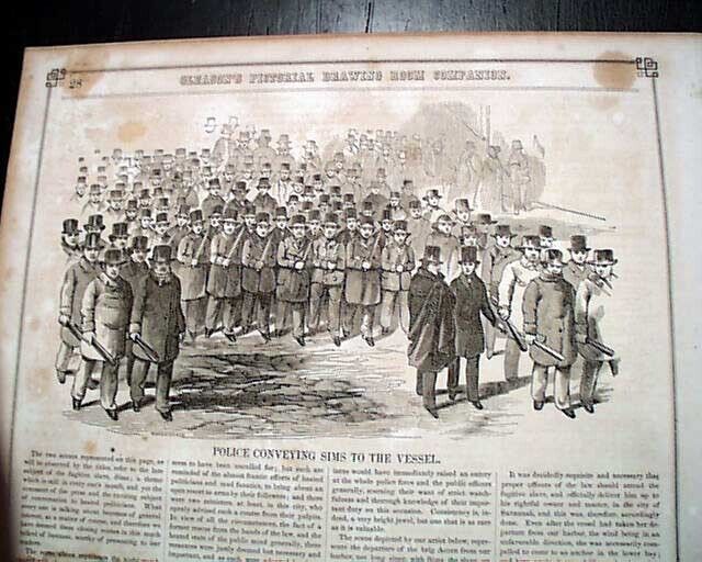 THOMAS SIMS Fugitive Georgia Escaped to Boston Slavery Case Print 1851 Newspaper