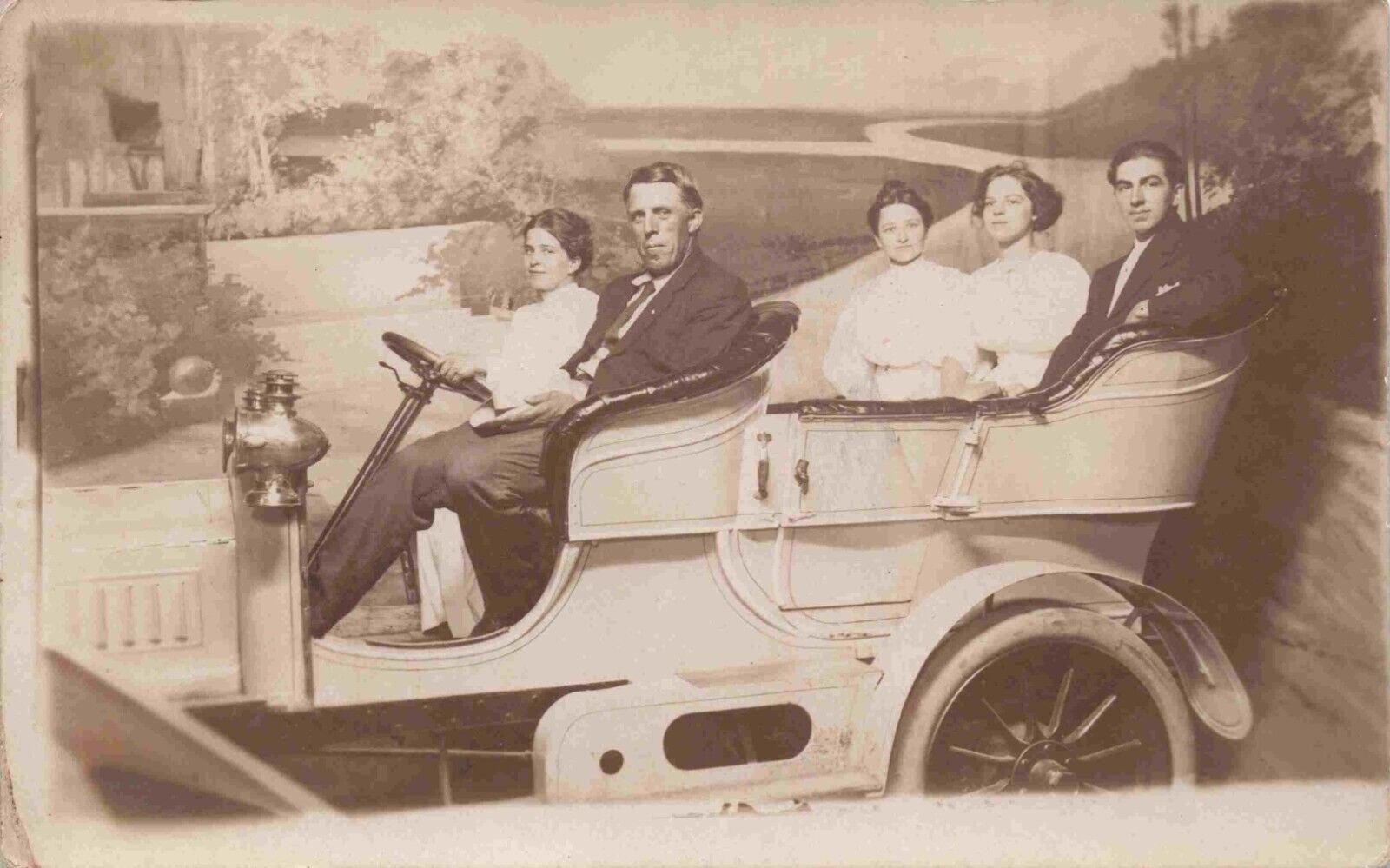 RPPC Studio Portrait Family Old Automobile Fake Background Real Photo Postcard