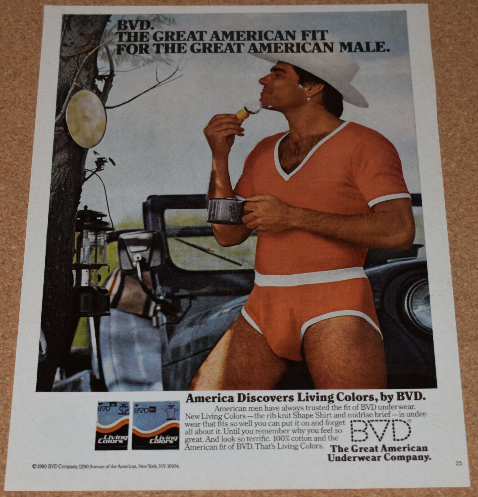 1980 Print Ad BVD Great American Underwear Company man shave cowboy hat mirror