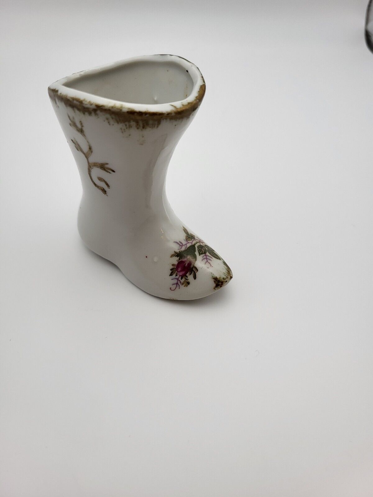 Vintage Porcelain Boot Japan White Pink Flower About 3” Marked 1967