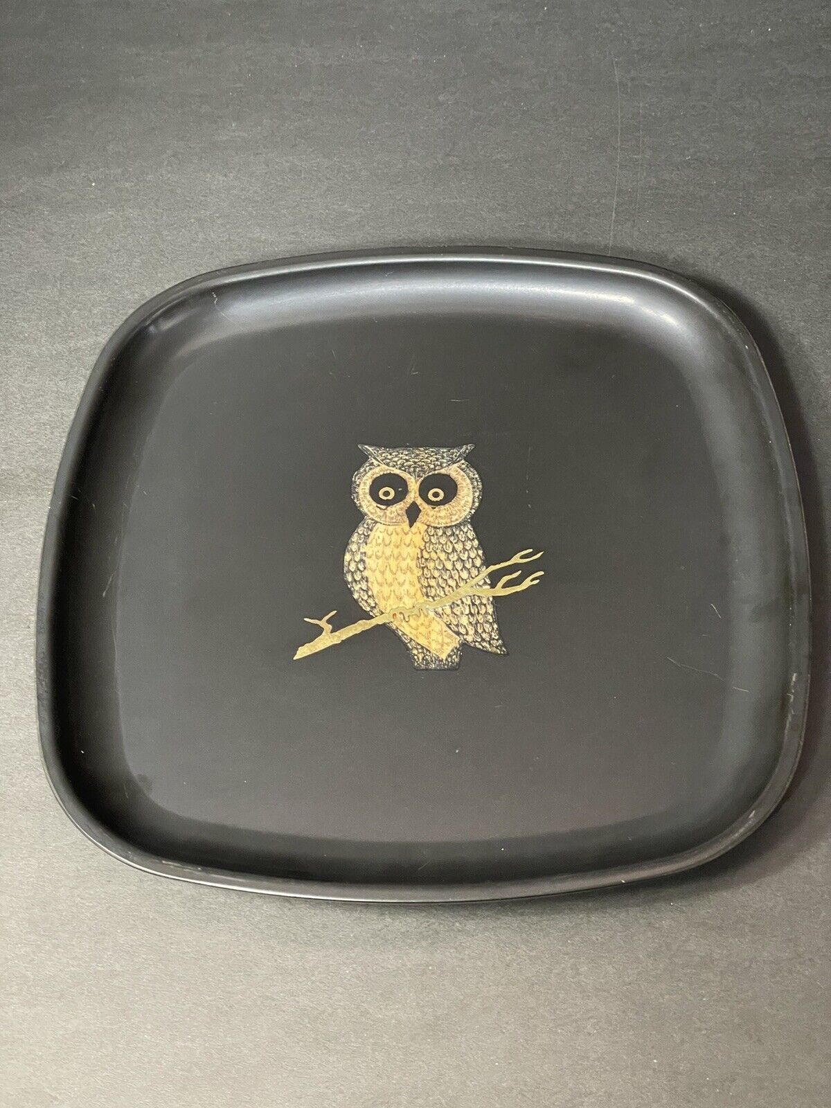 Vintage Couroc of Monterey Owl Plate Square Black Inlaid Wood Brass 8.5 In