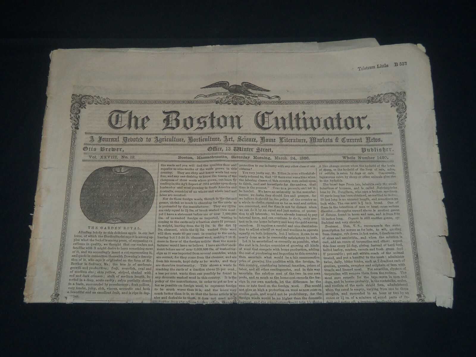 1866 MARCH 24 THE BOSTON CULTIVATOR NEWSPAPER - BARON LIEBIG - NP 3967
