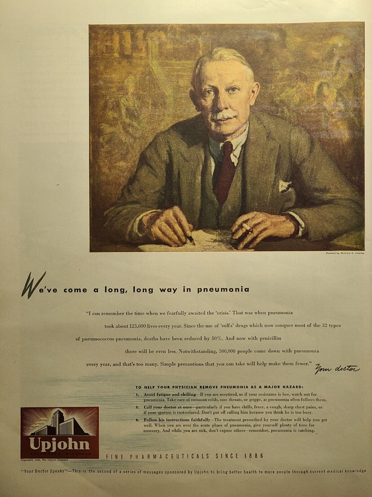 Upjohn Pharmaceuticals Pneumonia Smoking Doctor Kalamazoo Vintage Print Ad 1945