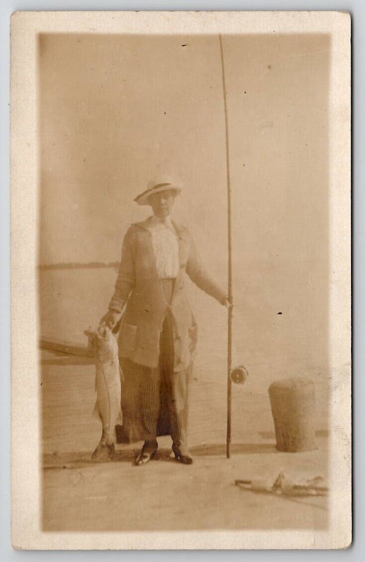 RPPC Edwardian Older Woman Fishing Large Catch and Pole Studio Prop Postcard F29
