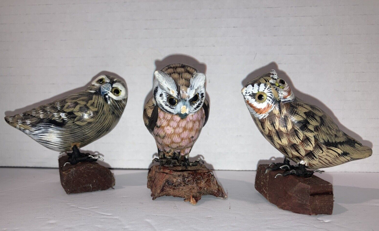 Set Of 3 Vintage Miniature Painted Owl Figurines On Wood Bases