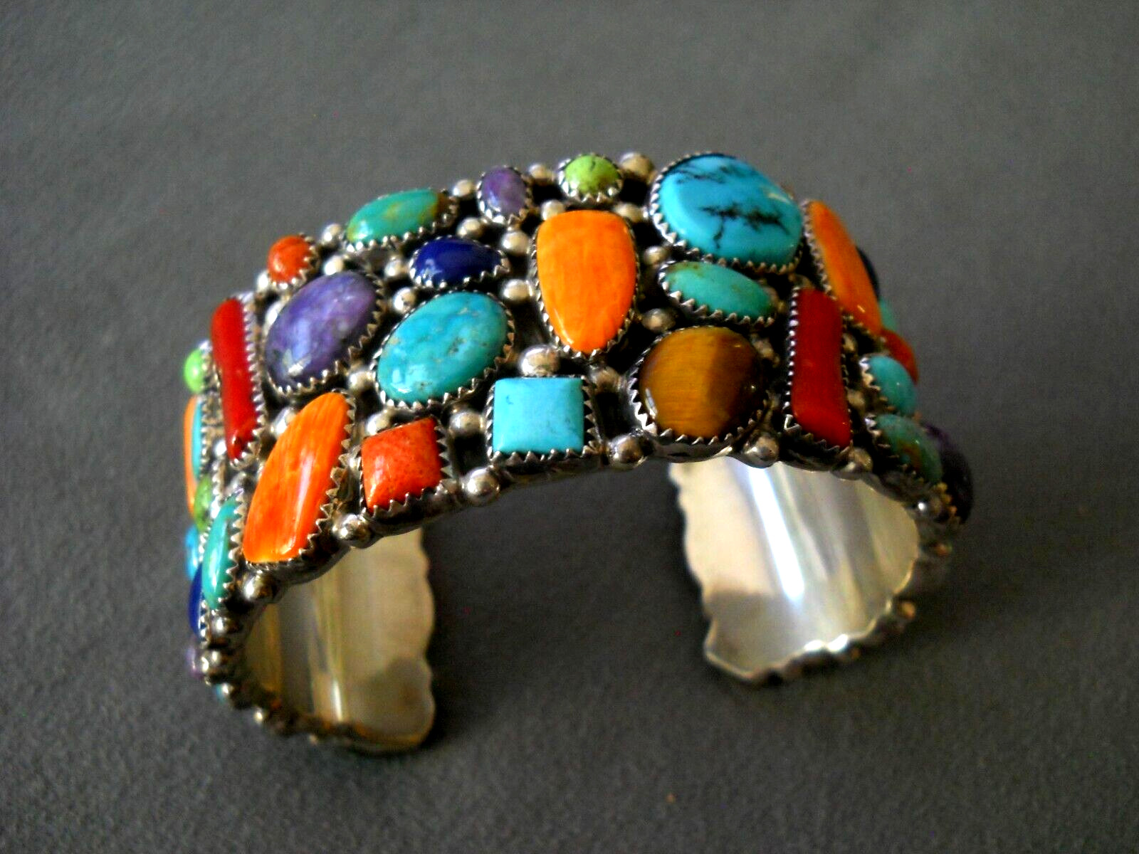 COLORFUL J KEE Native American Multi-Stone Cluster Sterling Silver Cuff Bracelet