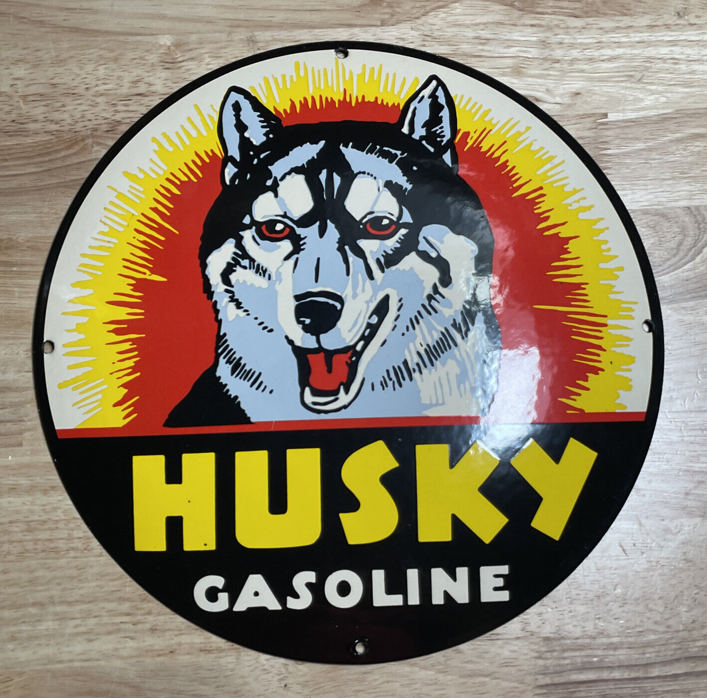 HUSKY GASOLINE PORCELAIN SIGN K-9 GAS STATION CONVEX PUMP PLATE OIL DOG 12” DIA.