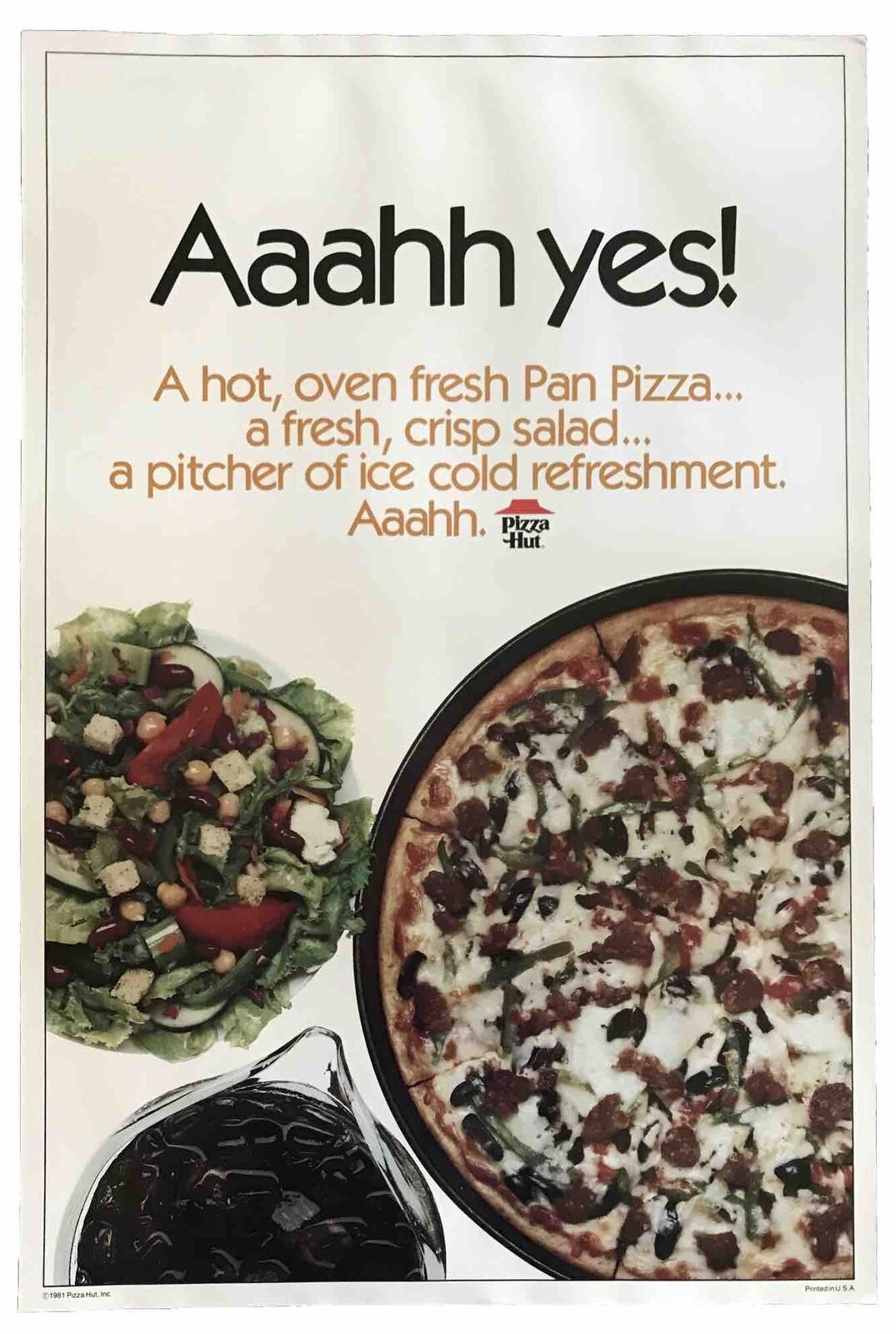 Vintage 1981 Pizza Hut Poster 30”x20” Pan Advertisement Aaahh Yes Refreshment