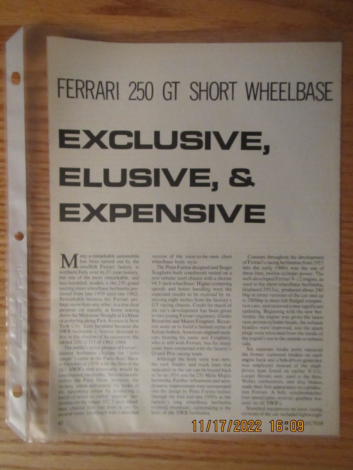 1219 VINTAGE Original 1959 -1962 Ferrari 250 GT SWB SUPER 5 page color article