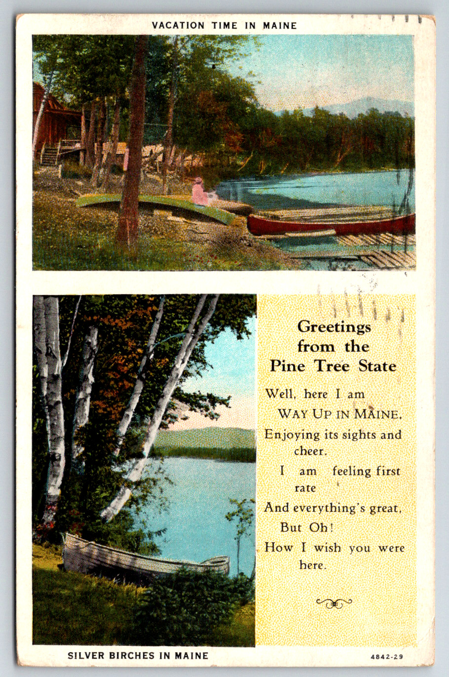 c1920s Silver Birches In Maine Greetings Canoe Boats Antique Postcard