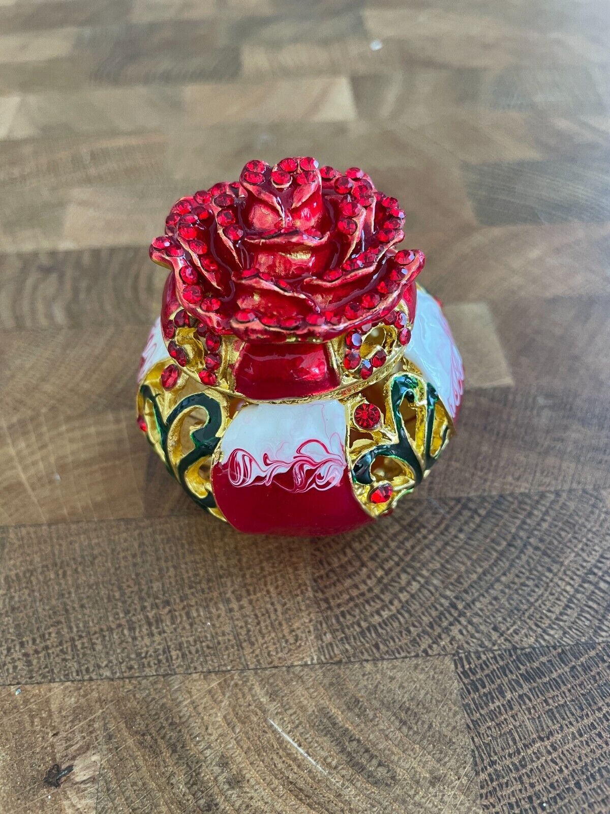 Red Rose Hand Painted Bejeweled Round Hinged Trinket Jewelry Box