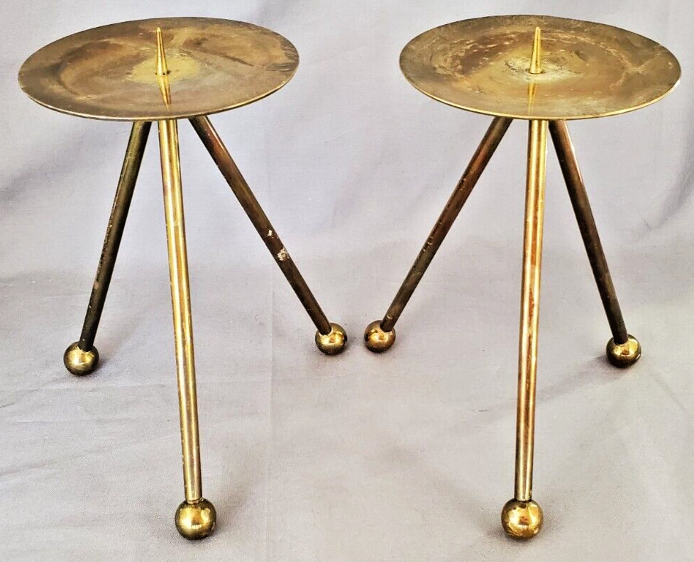 2 Atomic Style Brass Tripod Pillar Candle Holders MCM Retro