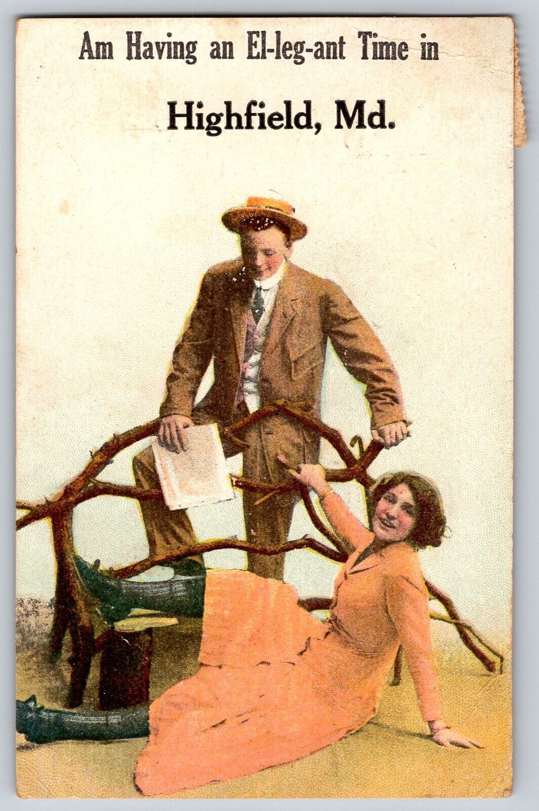 Maryland MD - Humor Guy and  Girl Having An El-leg-ant Time - Vintage Postcard