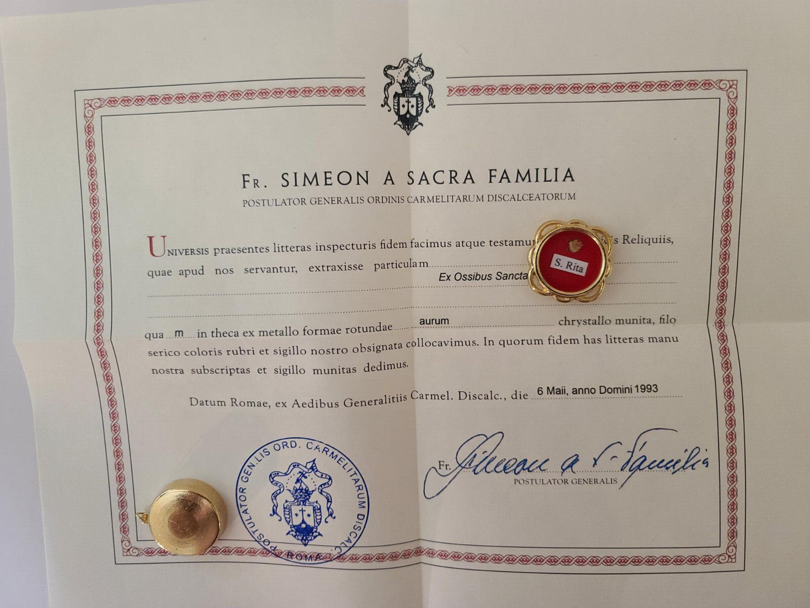Reliquary Relic 1st class of Saint Rita with Certificate