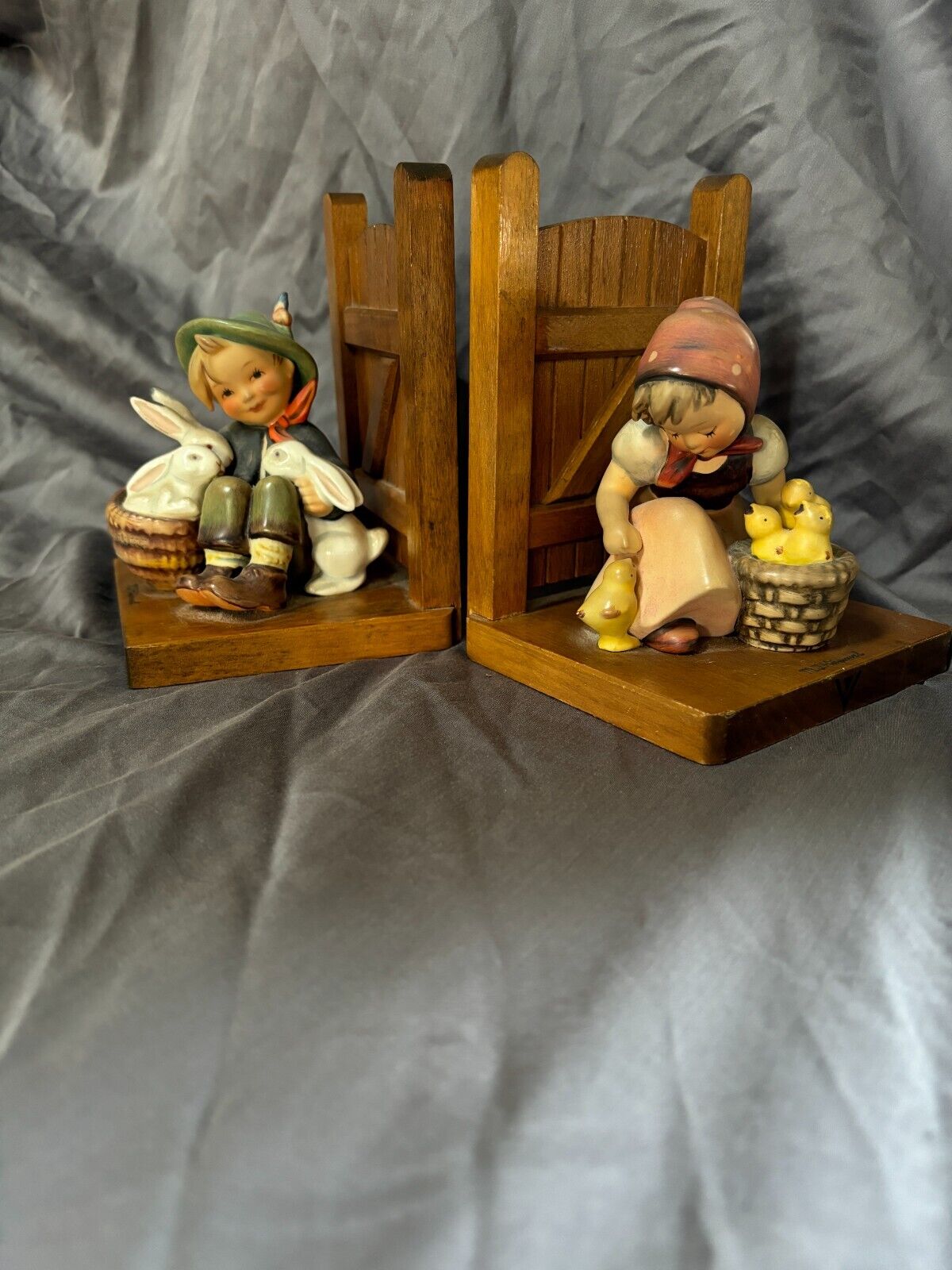 Goebel Hummel Bookends, Boy with Rabbits & Girl with Chicks