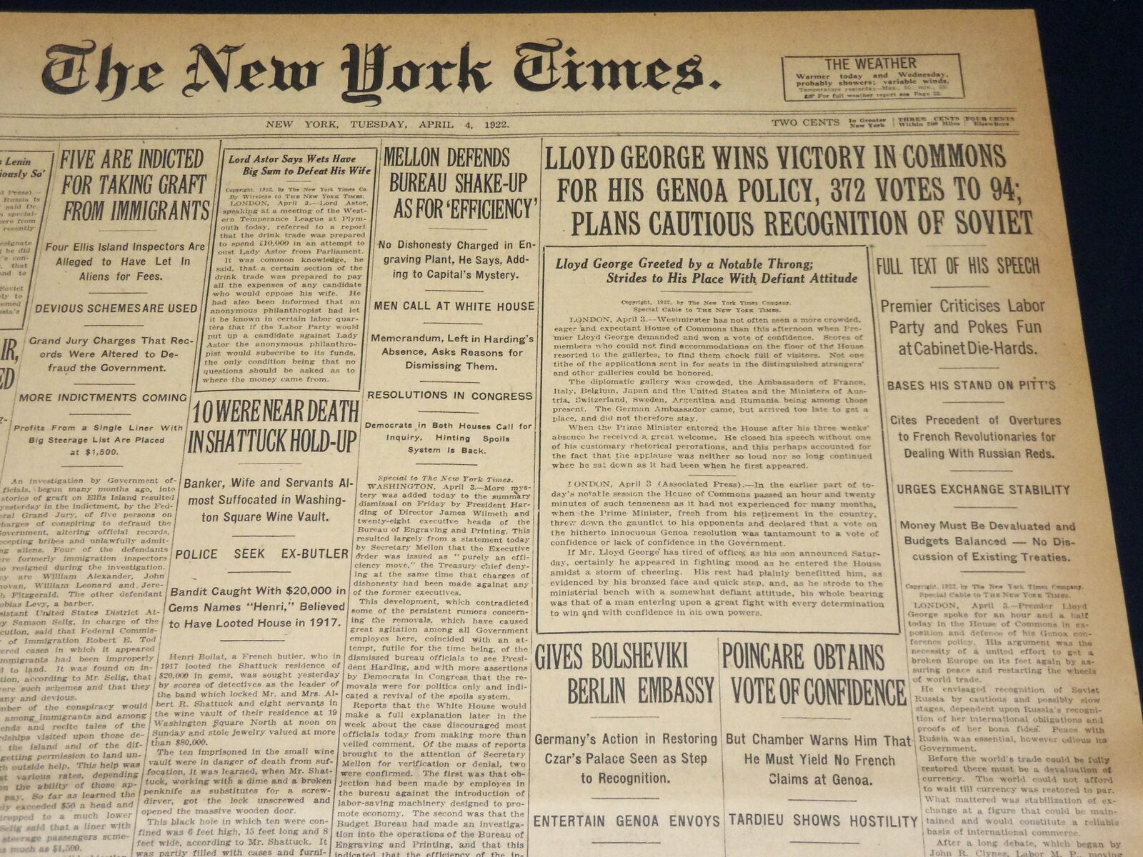 1922 APRIL 4 NEW YORK TIMES - LLOYD GEORGE WINS VICTORY IN COMMONS - NT 8578