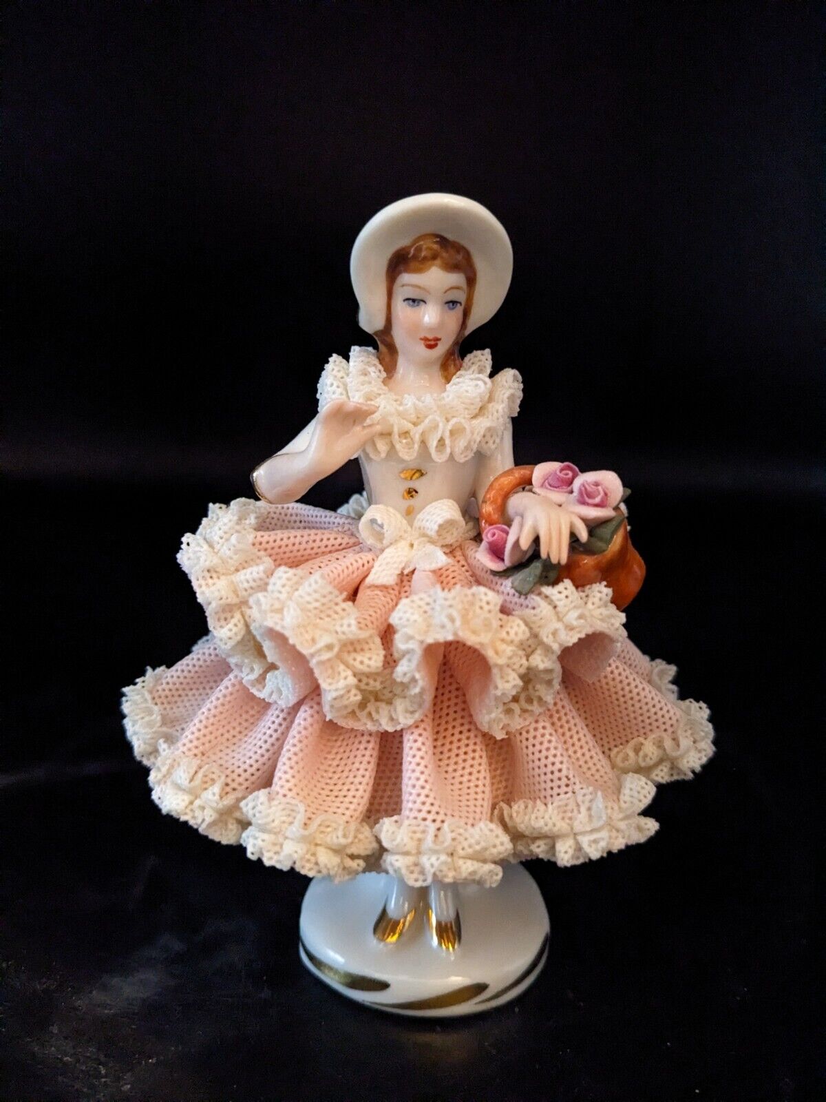 Vintage German Dresden Karl Klette Lace Porcelain Figurine Girl with Flowers 5\