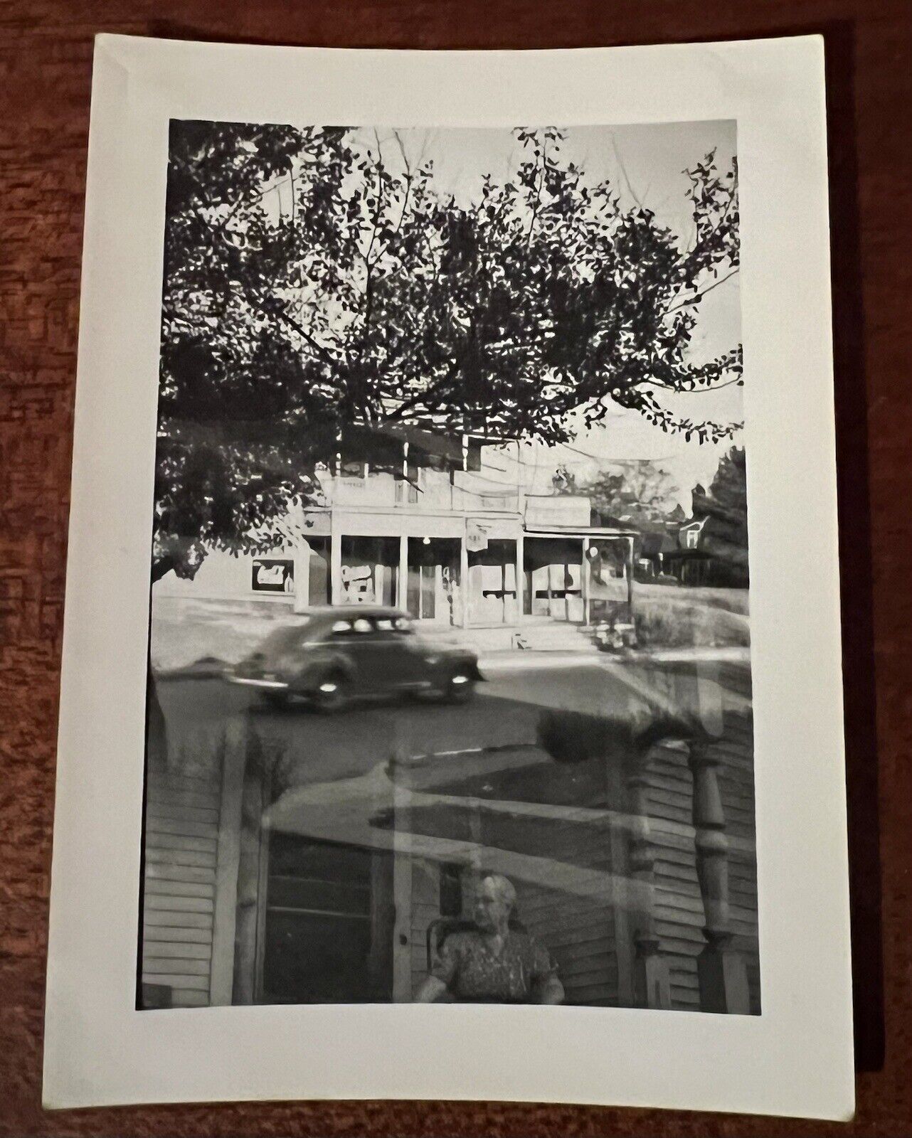 VTG c.1940s Photo Weird Double Exposure Car Corner Store Elderly Woman Porch