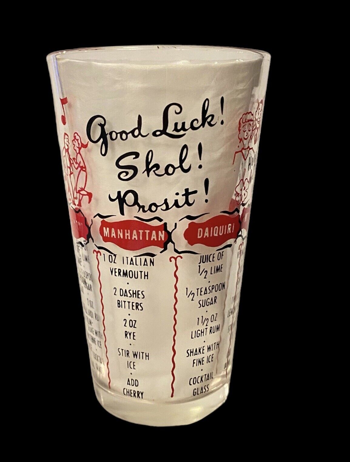 Vintage MCM Good Luck Skol Prosit BARWARE Glass With Recipes Great Condition