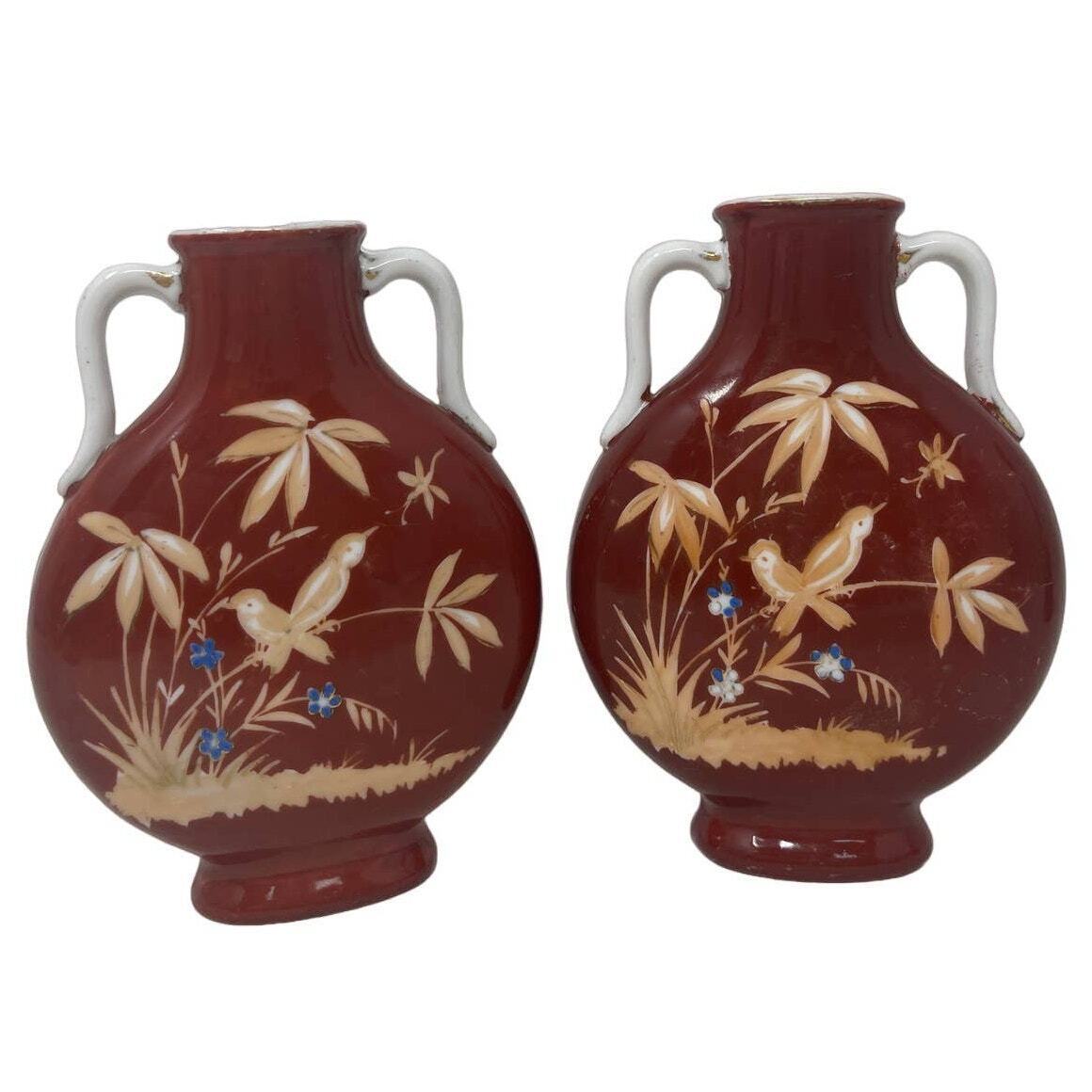 RARE Pair Flambe OXBLOOD Red Chinese Porcelain Bird Vase ~Vintage 