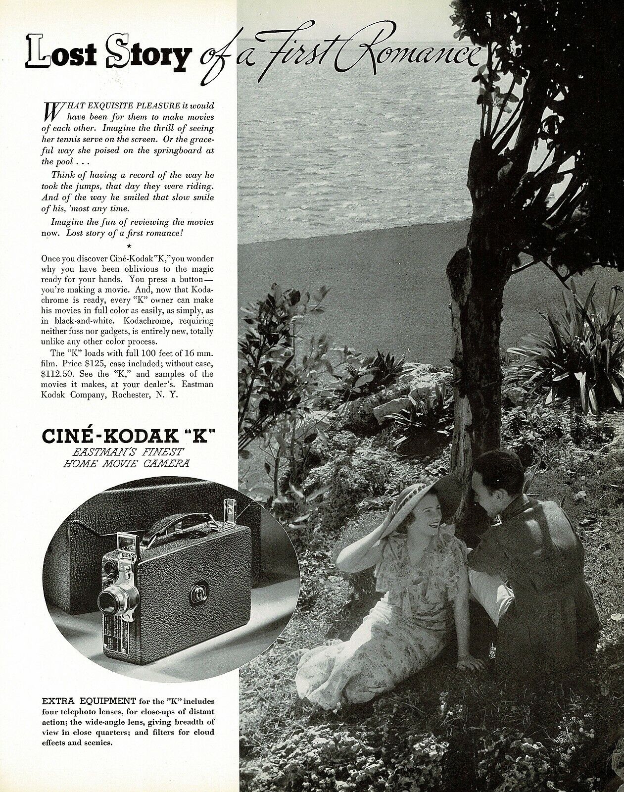 1930s BIG Original Vintage Cine Kodak K Movie Camera Couple Beach Photo Print Ad