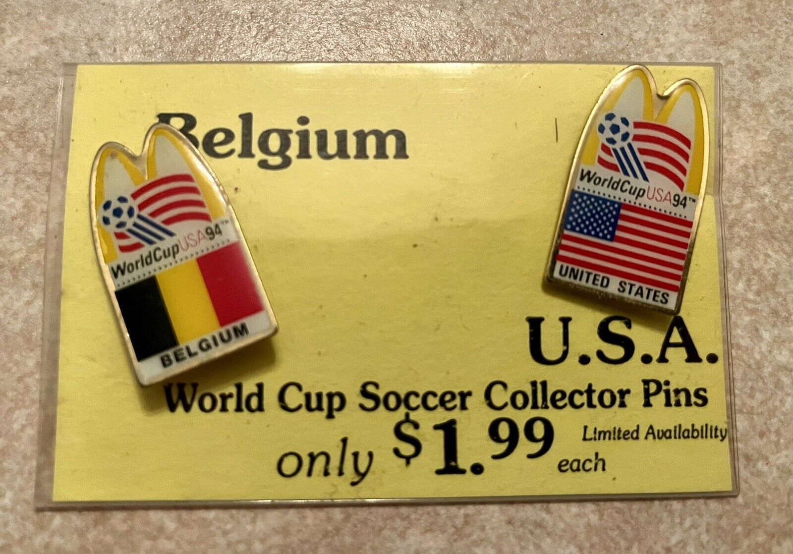 1994 McDonalds World Cup Soccer Lapel Pins Employee Tag With 2 - Belgium / U.S.A
