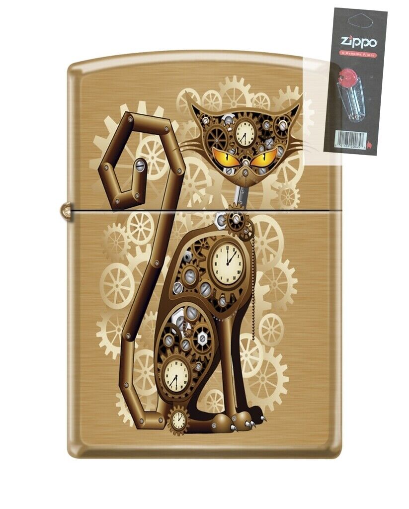 Zippo 82234 steampunk cat feline gears cogs metal clocks Lighter + FLINT PACK