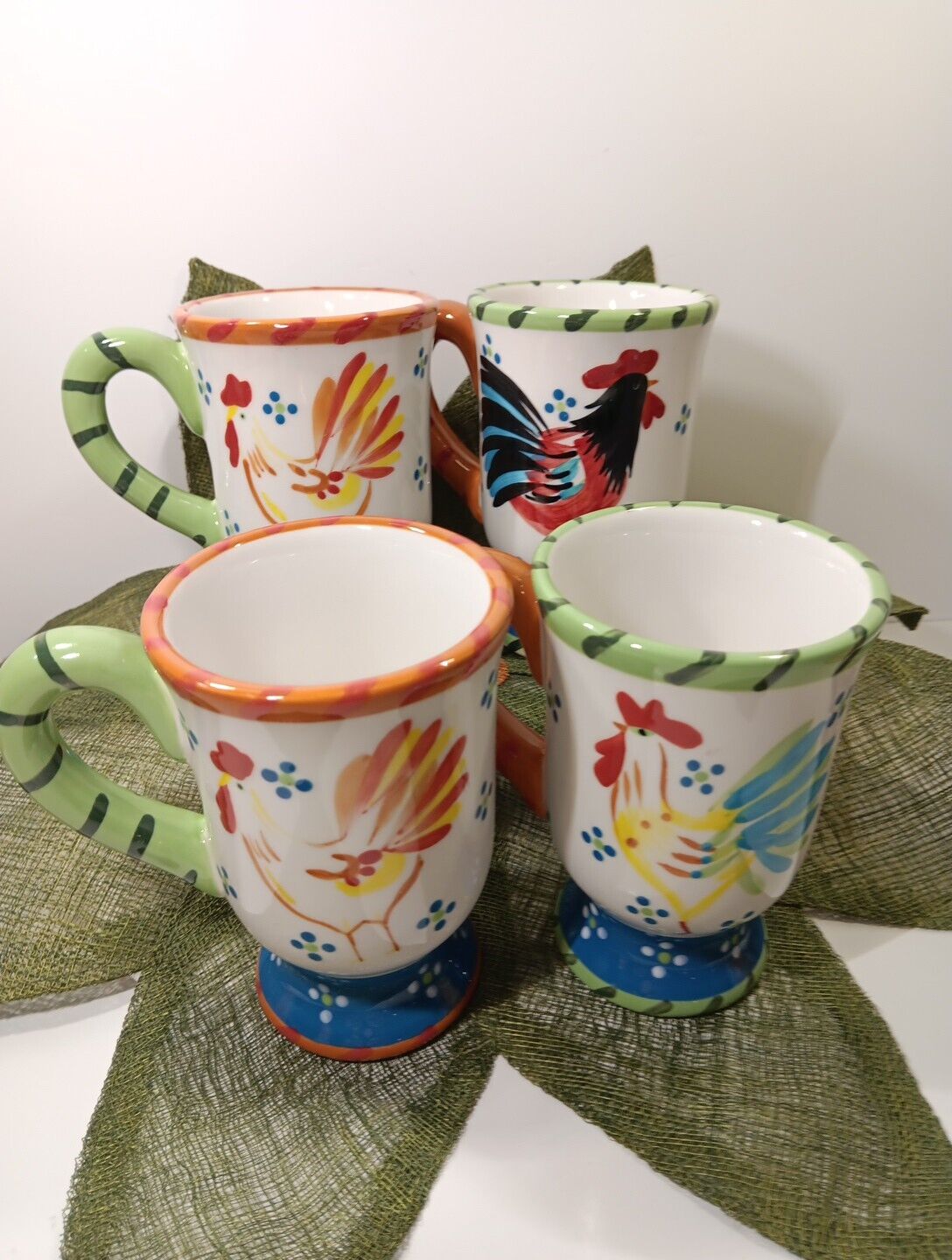 4) 2006 Demdaco, Artist Dana Simson Ceramic Glaze Design Rooster Mugs