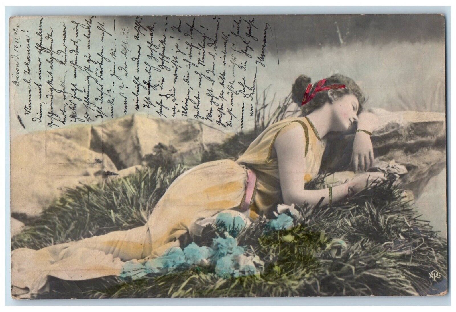 c1905 Pretty Girl Fantasy Tinted Buren Germany Antique RPPC Photo Postcard