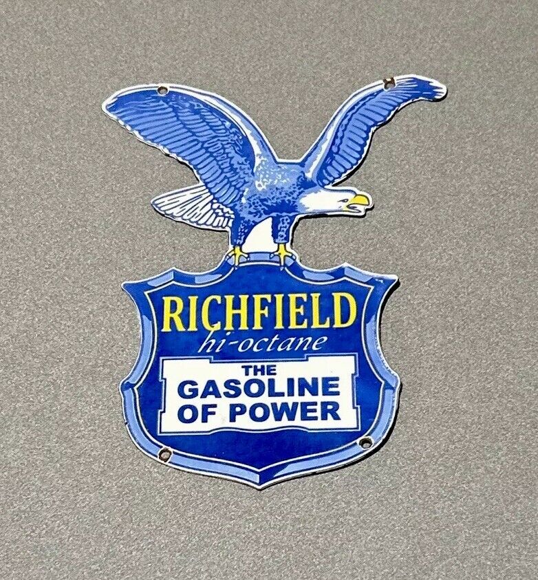 VINTAGE 12” RICHFIELD EAGLE MOTOR OIL PORCELAIN SIGN CAR GAS