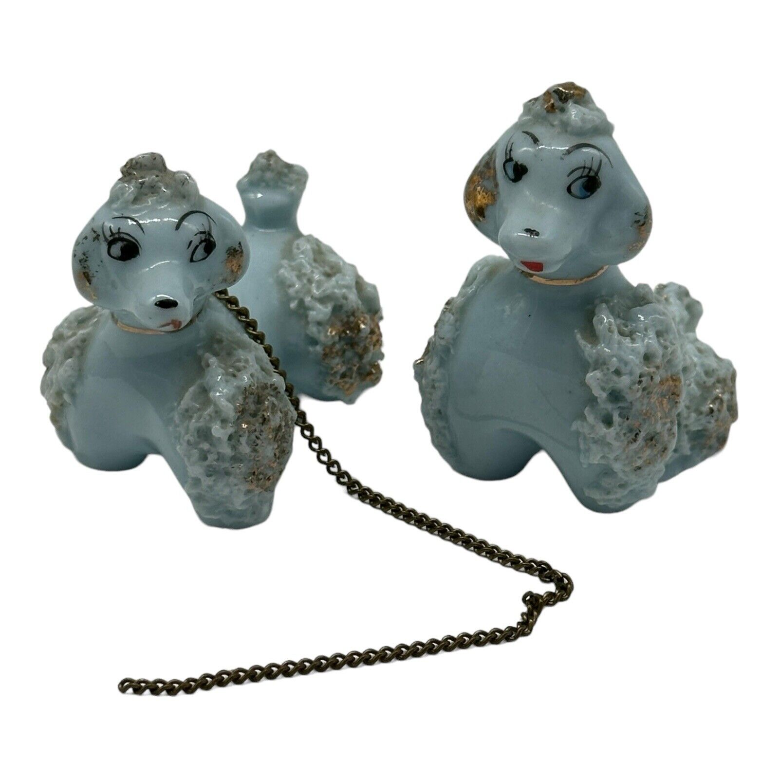 2 Vintage Small 2” Blue Spaghetti Poodle Dog Puppy Porcelain Figurine W/Chain