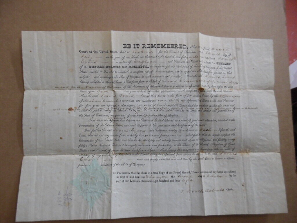 1848 United States Certificate of Naturalization Delaware Seal Antique Original 