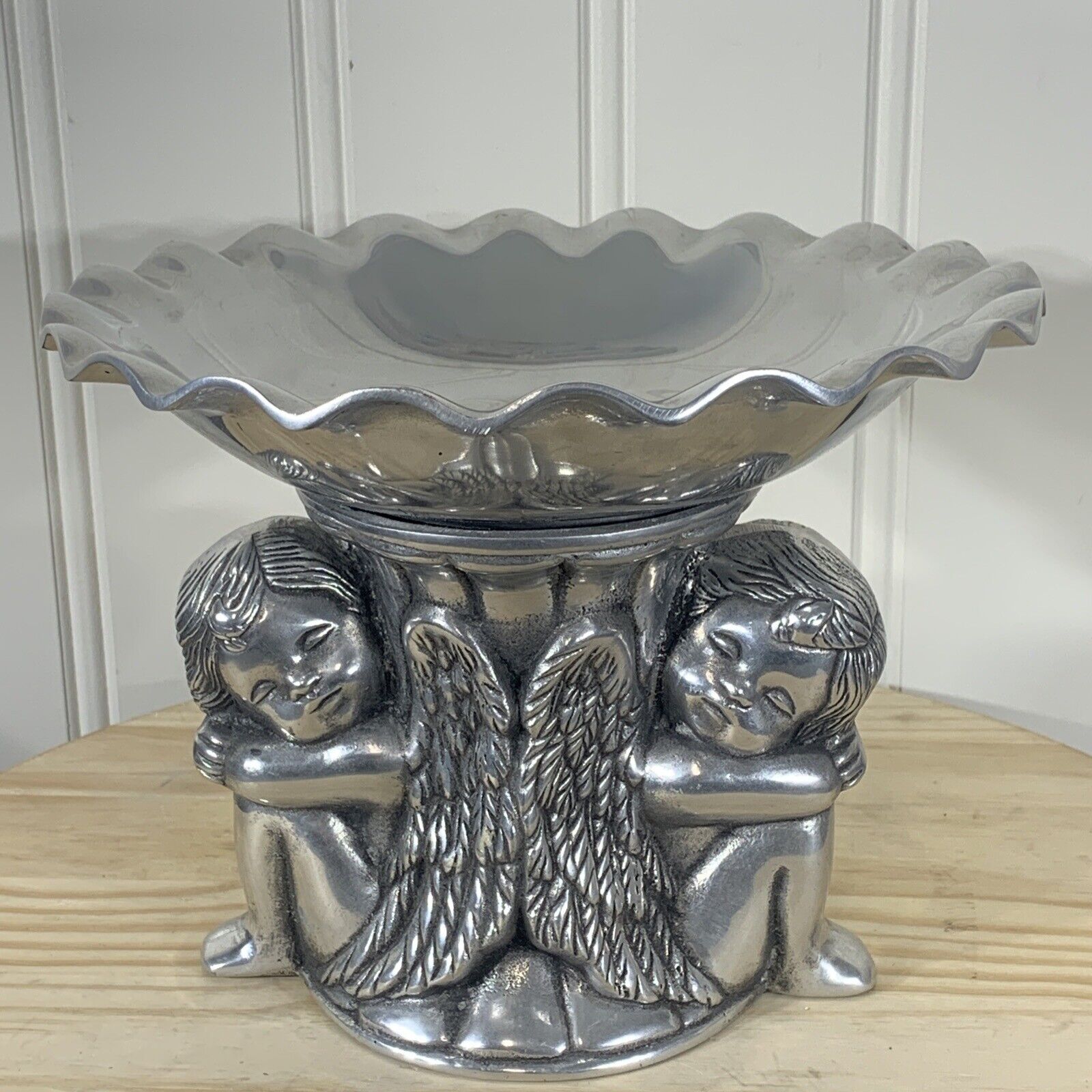 Antique Metal Cherub Bowl Held By 2 Angel’s - Rare Hard To Find - 10” W X 7.5”T