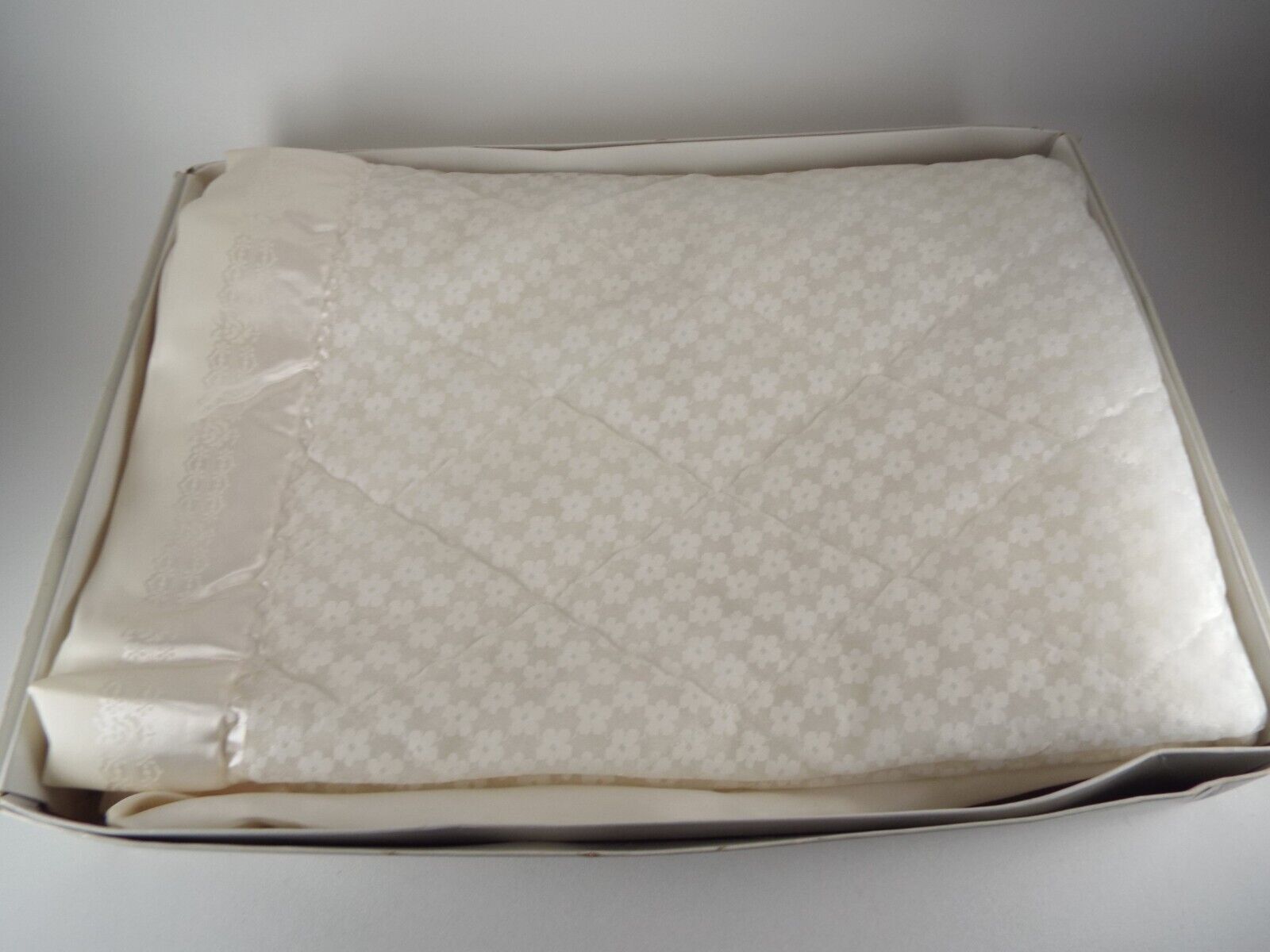 Vintage Baby Blanket White Lace and Satin Trim Storktex w Box Style 245 Baptism