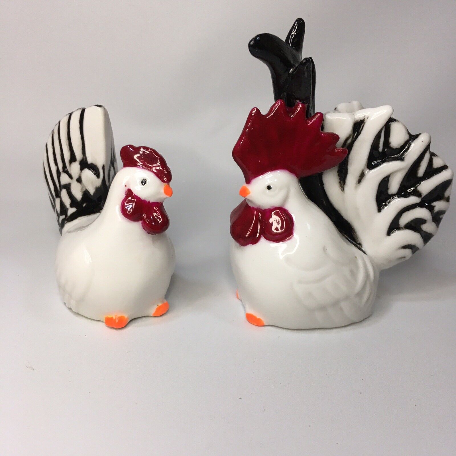 Vintage Hen and Rooster Porcelain Salt & Pepper Shakers Chicken Repainted OOAK
