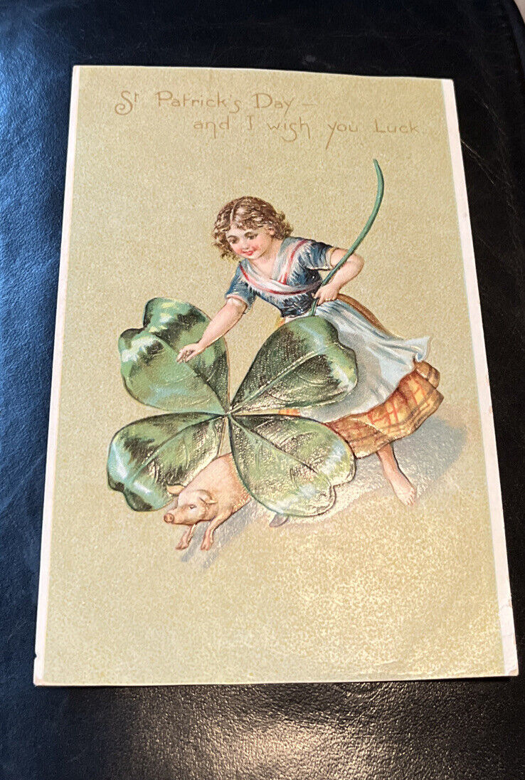 VTG 1908 Tuck\'s ST PATRICK\'S DAY Postcard Girl Pig I Wish You Luck Clapsaddle