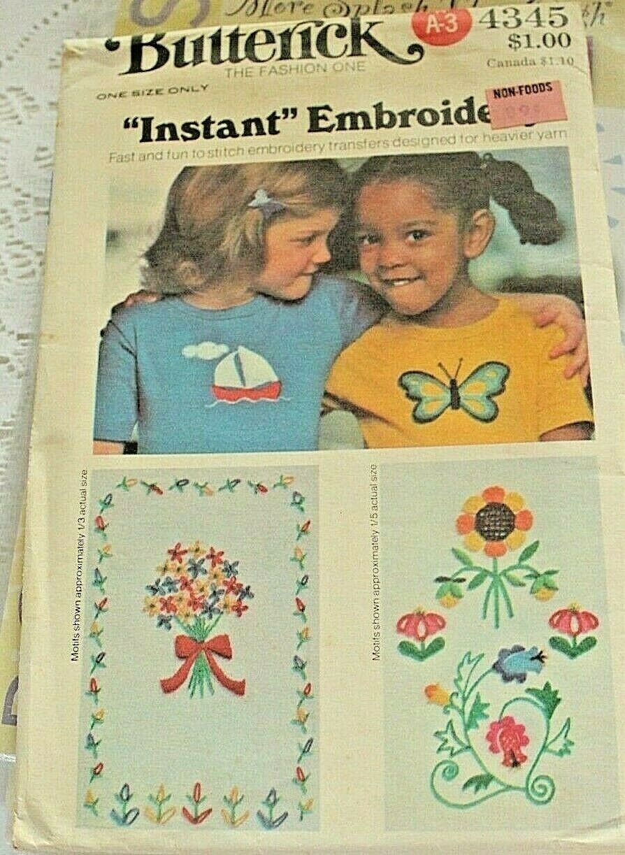 Butterick 4345 Embroidery Designs Yellow Wax Transfers Uncut