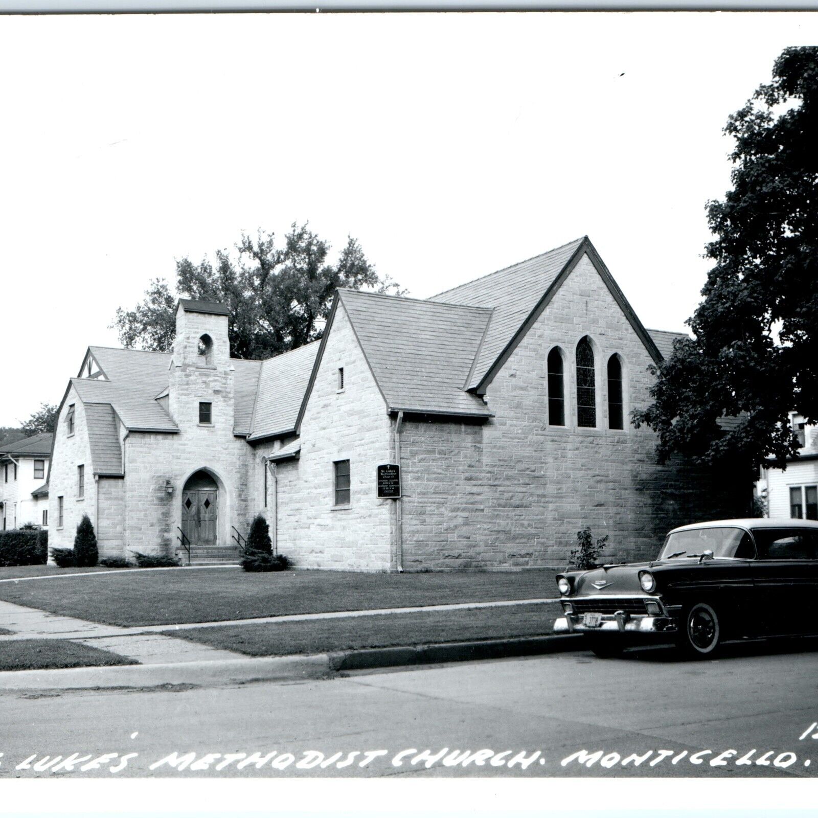 c1950s Monticello IA RPPC St Luke's Methodist Church Chevy Bel Air Car PC A104