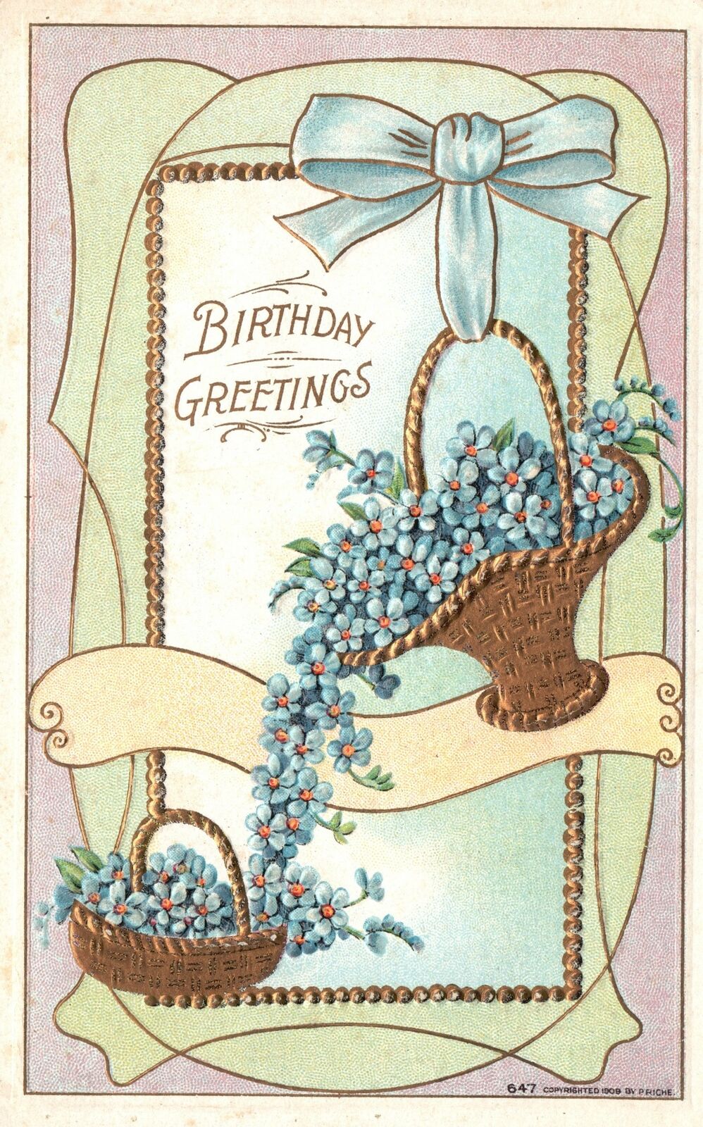 Vintage Postcard A Happy Birthday Greetings Basket Full of Blue Flowers Ribbon