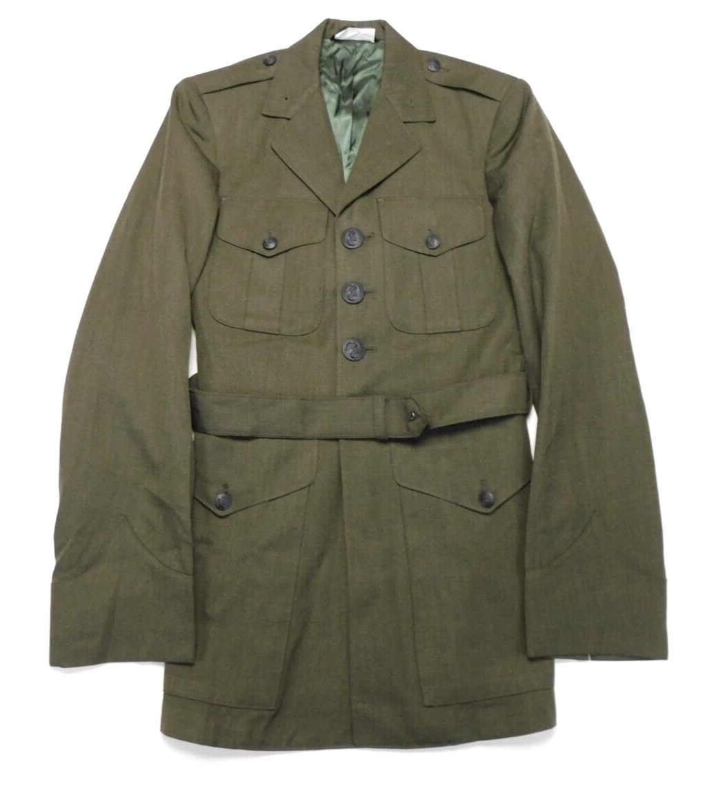US Marine USMC Green Alpha Coat 35 L Poly/Wool Gabardine 2212 Belt Jacket NWOT