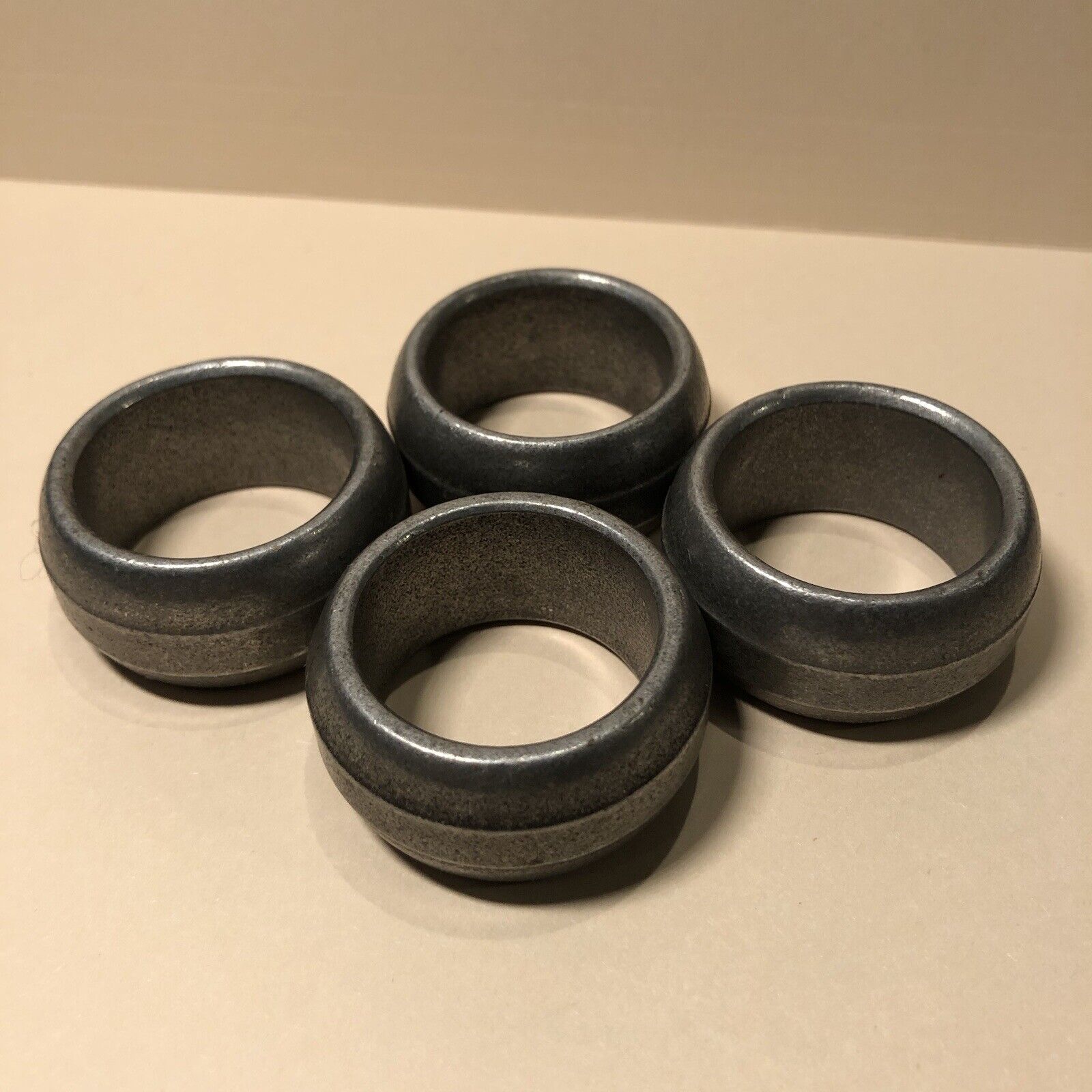 Pewter Antique Napkin Rings 1.75 x .75 Inch Round Lot Of 4 Nice Finish Preowned
