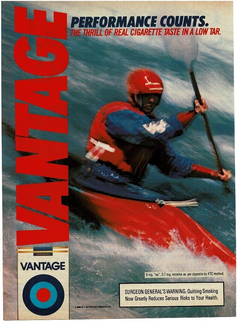 1986 VANTAGE Cigarettes kayaker running rapids Vintage Print Ad 