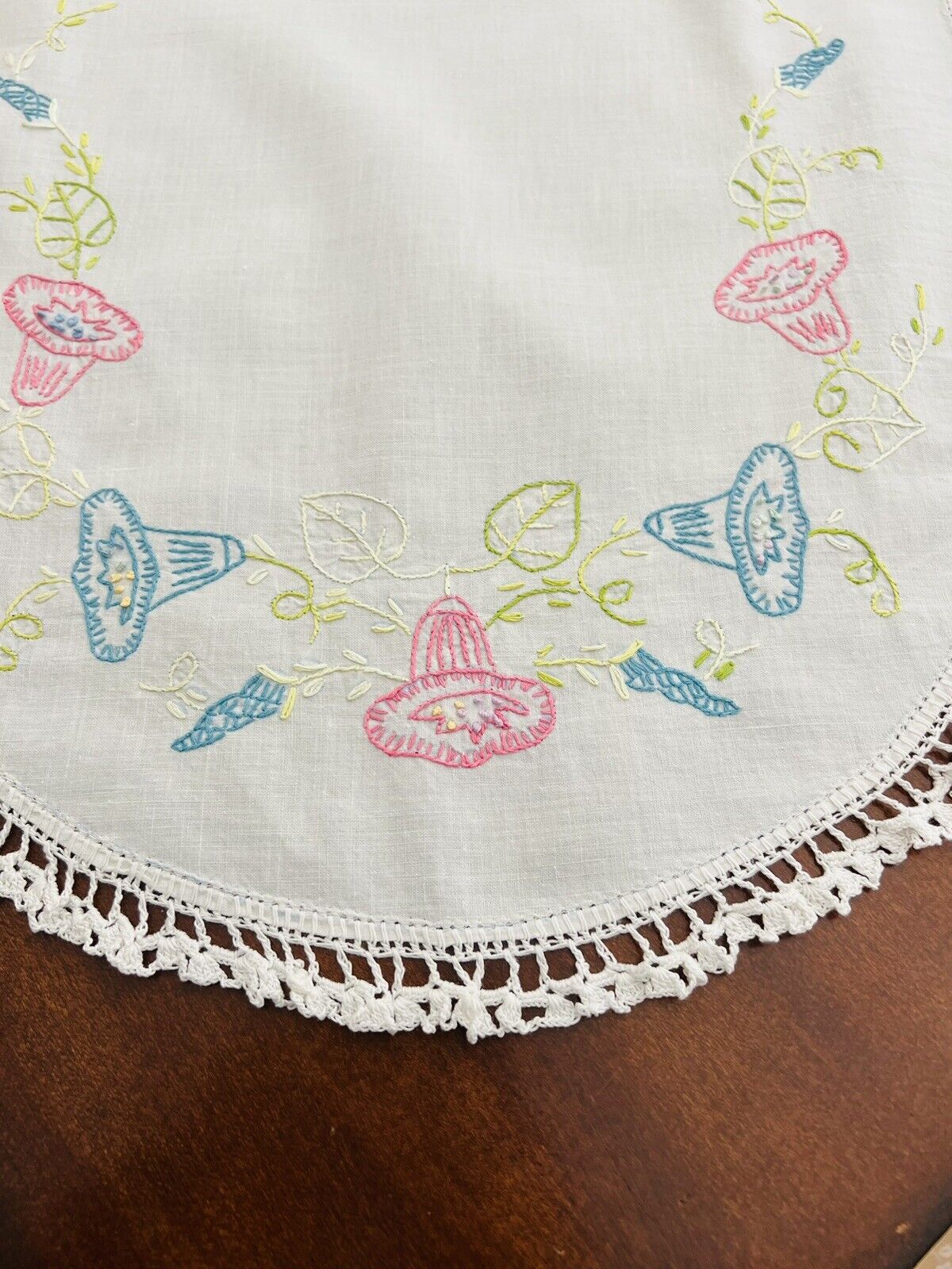 Vintage hand embroidered and hand crocheted table runner morning glory flowers
