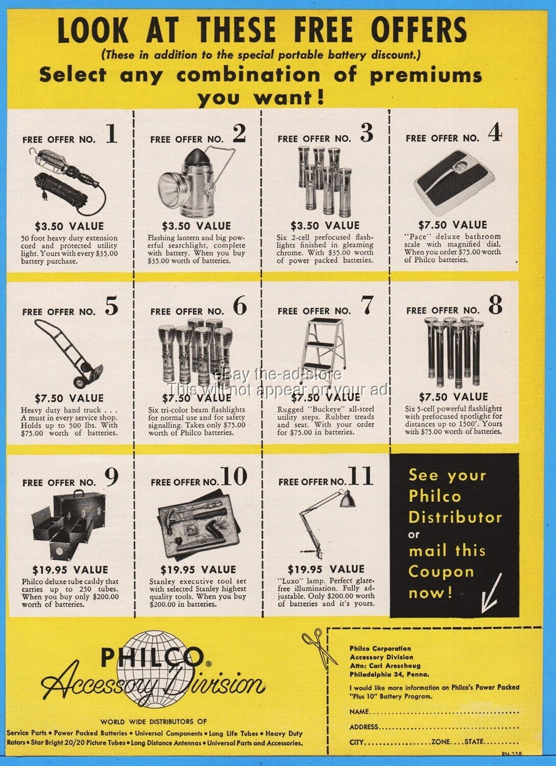 1958 Philco Corp Philadelphia PA Lantern Flashlights Ladder Bathroom Scales Ad